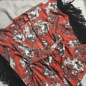 C.Luce Boho Fringe Sleeve Orange Floral Print Robe Top Size Small